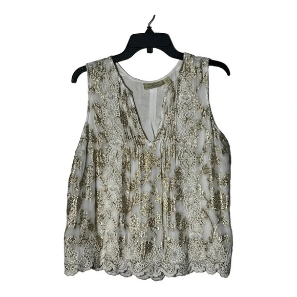 1886. ANTHROPOLOGIE MOULINETTE SOEURS SKLER SHINE‎ BLOUSE TANK GOLD EMBROIDERY - Picture 4 of 12
